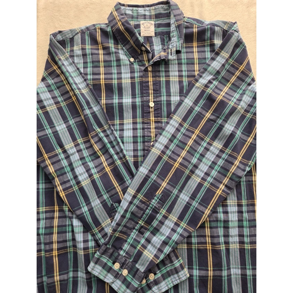 Brooks Brothers Regent Fit XL Plaid Button Down Shirt Mens All Cotton Green Blue